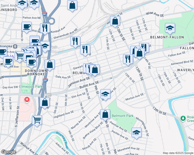 map of restaurants, bars, coffee shops, grocery stores, and more near 916 Bullitt Avenue Southeast in Roanoke