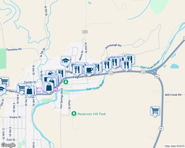 map of restaurants, bars, coffee shops, grocery stores, and more near 144 Pagosa Street in Pagosa Springs