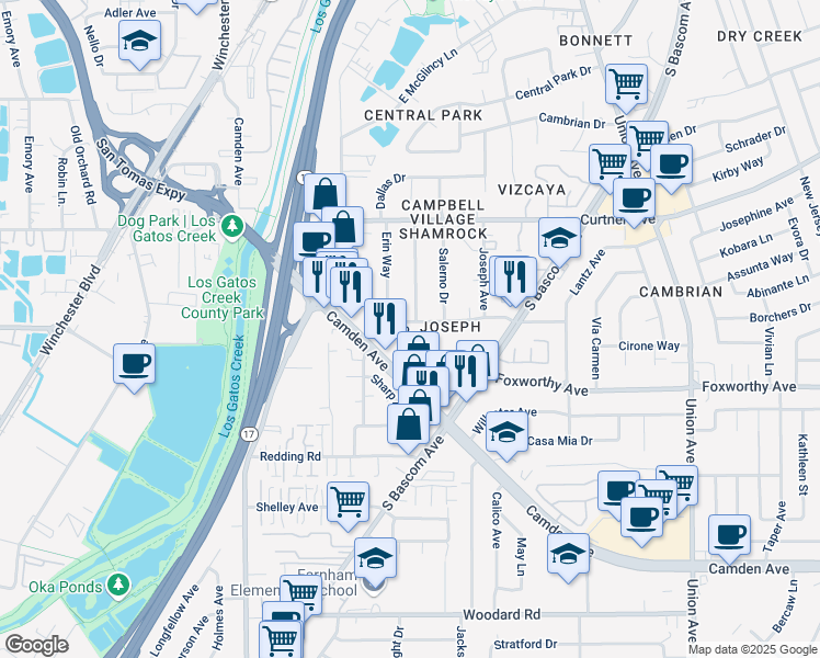 map of restaurants, bars, coffee shops, grocery stores, and more near 388 Shamrock Drive in Campbell