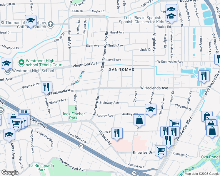 map of restaurants, bars, coffee shops, grocery stores, and more near West Hacienda Avenue in Campbell