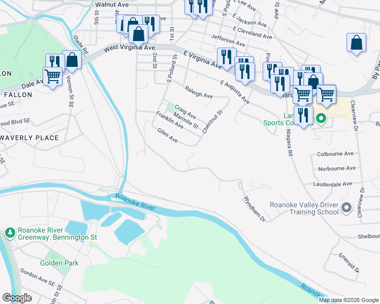 map of restaurants, bars, coffee shops, grocery stores, and more near 865 Industrial Circle in Vinton