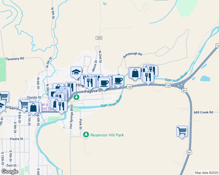 map of restaurants, bars, coffee shops, grocery stores, and more near 144 Pagosa Street in Pagosa Springs