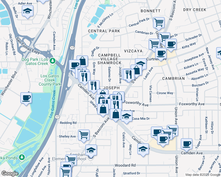 map of restaurants, bars, coffee shops, grocery stores, and more near 450 Shamrock Drive in Campbell