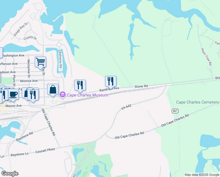 map of restaurants, bars, coffee shops, grocery stores, and more near 854-898 Randolph Ave in Cape Charles