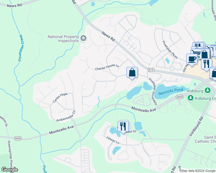 map of restaurants, bars, coffee shops, grocery stores, and more near 109 Sir John Randolph Terrace in Williamsburg