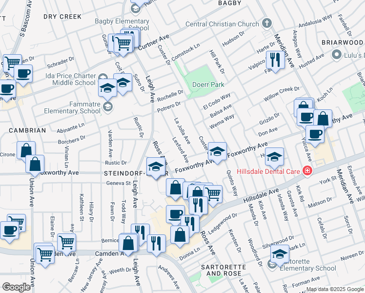 map of restaurants, bars, coffee shops, grocery stores, and more near 2906 Lexford Avenue in San Jose