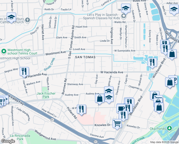 map of restaurants, bars, coffee shops, grocery stores, and more near West Hacienda Avenue in Campbell