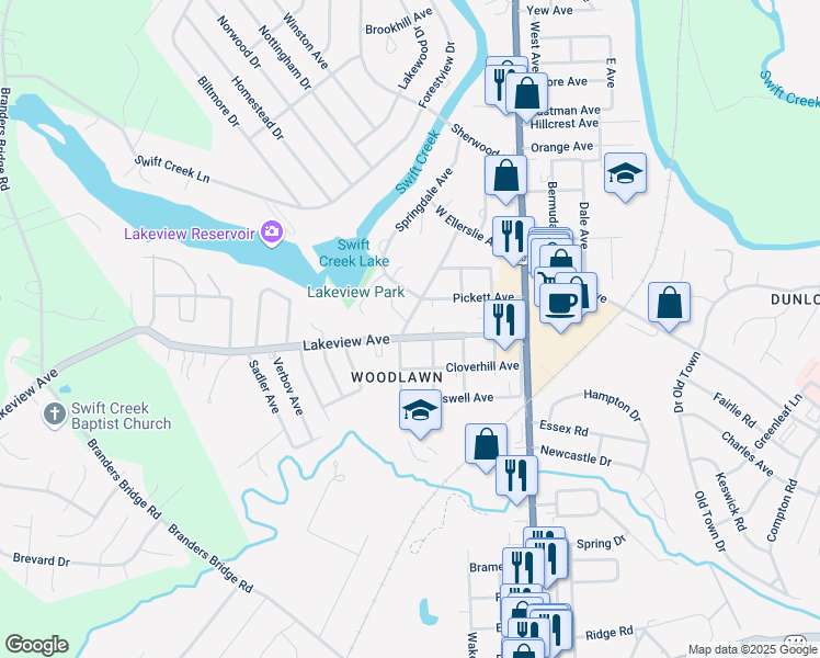 map of restaurants, bars, coffee shops, grocery stores, and more near 410 Lakeview Avenue in Colonial Heights