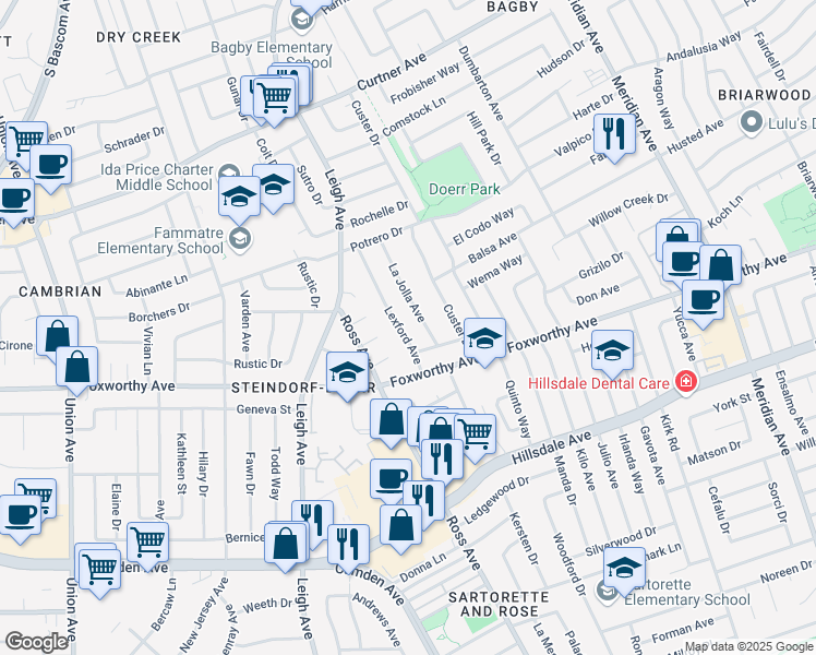 map of restaurants, bars, coffee shops, grocery stores, and more near 2906 Lexford Avenue in San Jose