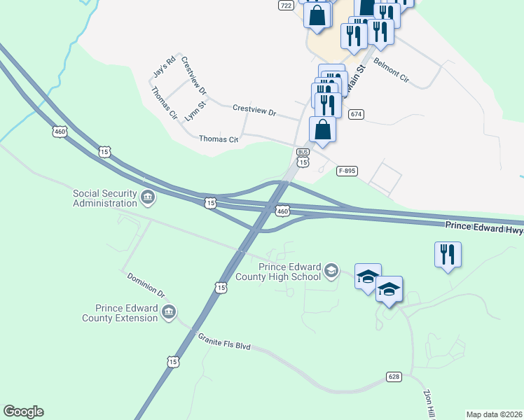 map of restaurants, bars, coffee shops, grocery stores, and more near 17060 Prince Edward Highway in Farmville