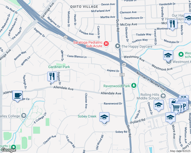 map of restaurants, bars, coffee shops, grocery stores, and more near 18710 Harleigh Drive in Saratoga