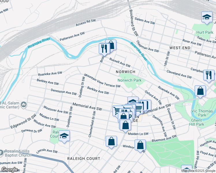 map of restaurants, bars, coffee shops, grocery stores, and more near 2128 Mountain View Terrace Southwest in Roanoke