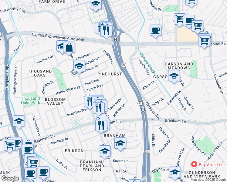 map of restaurants, bars, coffee shops, grocery stores, and more near 4250 Haines Avenue in San Jose