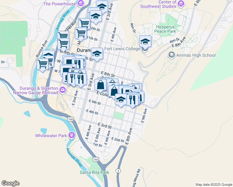 map of restaurants, bars, coffee shops, grocery stores, and more near in Durango