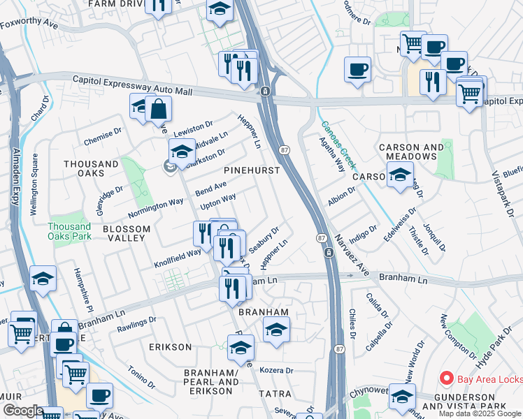 map of restaurants, bars, coffee shops, grocery stores, and more near 4250 Haines Avenue in San Jose