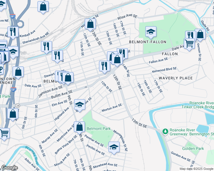 map of restaurants, bars, coffee shops, grocery stores, and more near 1006 12th Street Southeast in Roanoke