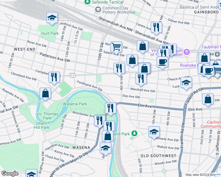 map of restaurants, bars, coffee shops, grocery stores, and more near 845 Day Avenue Southwest in Roanoke