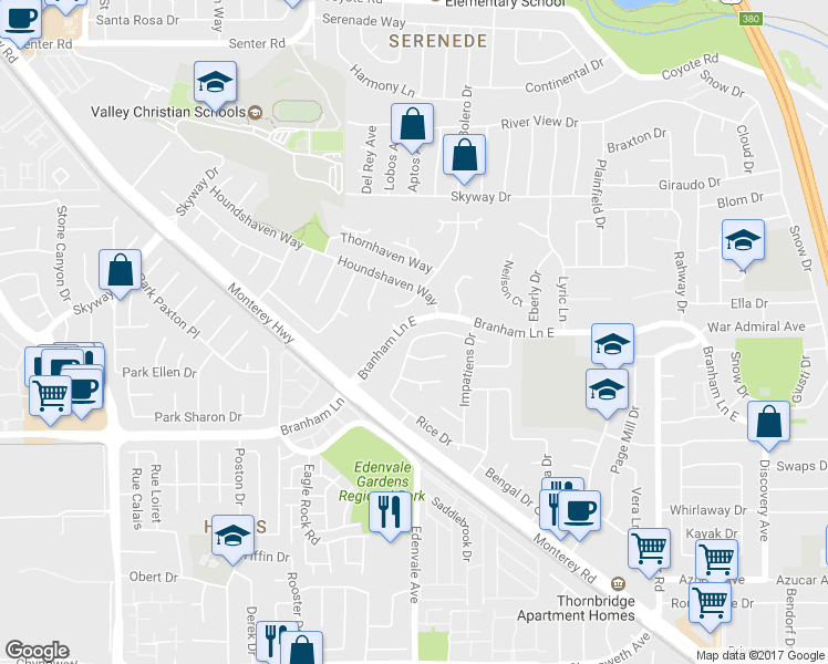map of restaurants, bars, coffee shops, grocery stores, and more near 119 Goldenrain Drive in San Jose