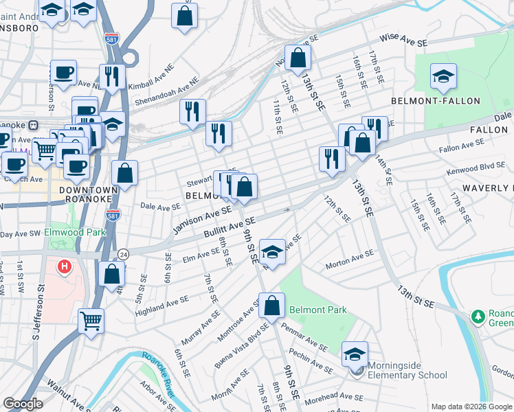 map of restaurants, bars, coffee shops, grocery stores, and more near 916 Bullitt Avenue Southeast in Roanoke