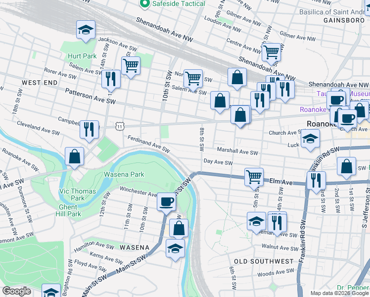 map of restaurants, bars, coffee shops, grocery stores, and more near 845 Day Avenue Southwest in Roanoke