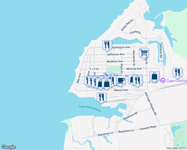 map of restaurants, bars, coffee shops, grocery stores, and more near 113 Tazewell Avenue in Cape Charles