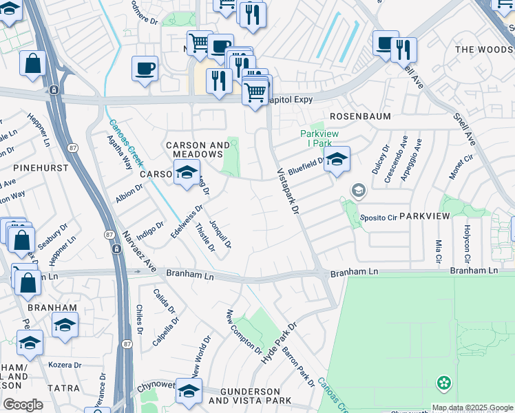 map of restaurants, bars, coffee shops, grocery stores, and more near in San Jose