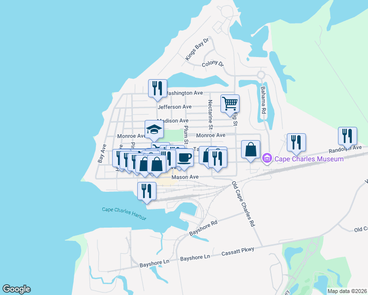 map of restaurants, bars, coffee shops, grocery stores, and more near 423 Tazewell Avenue in Cape Charles