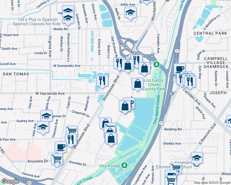map of restaurants, bars, coffee shops, grocery stores, and more near 251 East Hacienda Avenue in Campbell