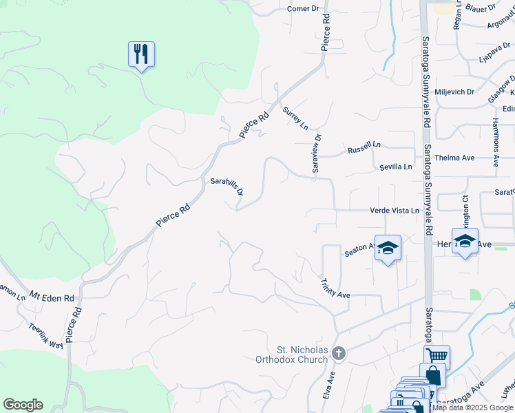 map of restaurants, bars, coffee shops, grocery stores, and more near 21206 Sarahills Drive in Saratoga