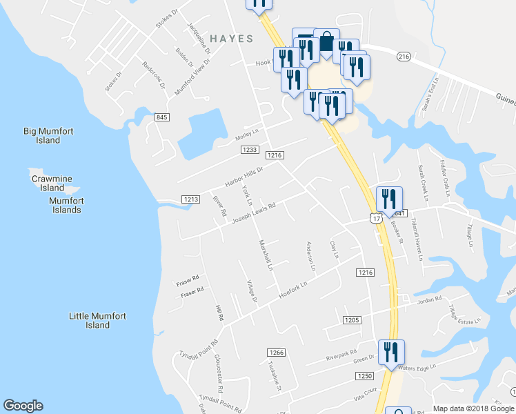 map of restaurants, bars, coffee shops, grocery stores, and more near 2075 York Lane in Gloucester Point