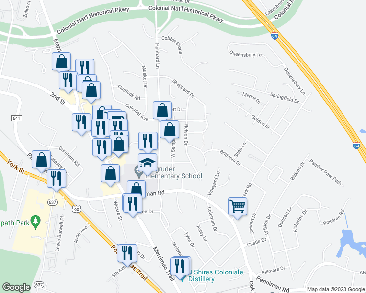map of restaurants, bars, coffee shops, grocery stores, and more near 126 Nelson Drive in Williamsburg