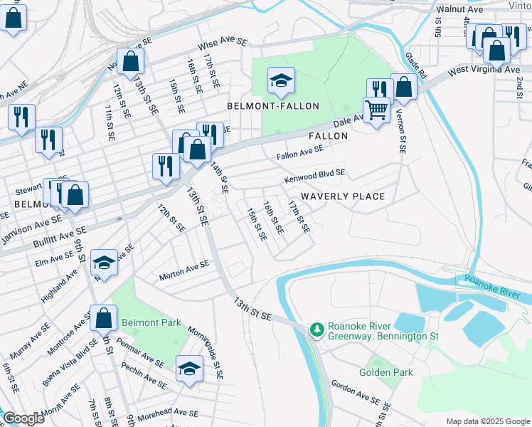 map of restaurants, bars, coffee shops, grocery stores, and more near 1105 16th Street Southeast in Roanoke
