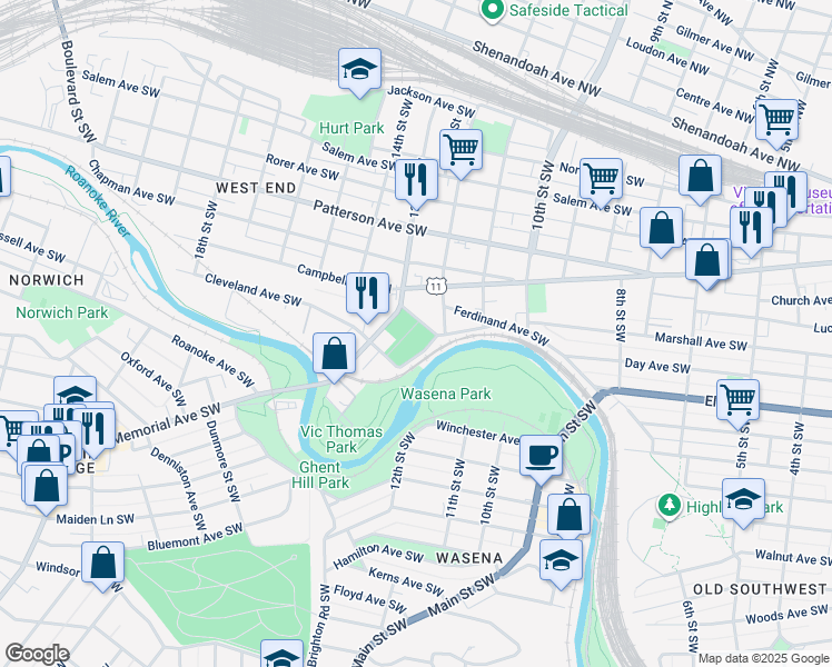 map of restaurants, bars, coffee shops, grocery stores, and more near 714 13th Street Southwest in Roanoke
