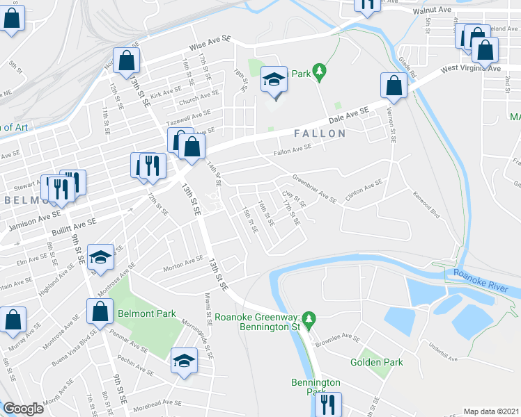 map of restaurants, bars, coffee shops, grocery stores, and more near 1105 16th Street Southeast in Roanoke