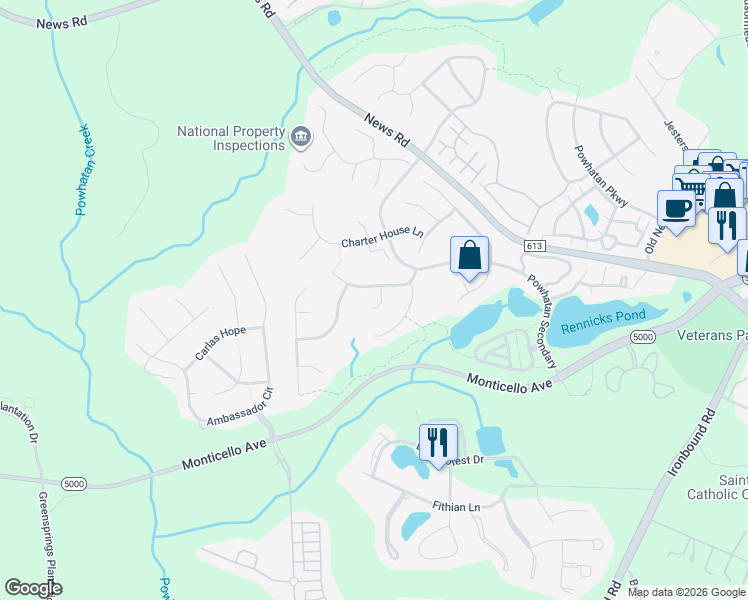 map of restaurants, bars, coffee shops, grocery stores, and more near 108 Sir John Randolph Terrace in Williamsburg