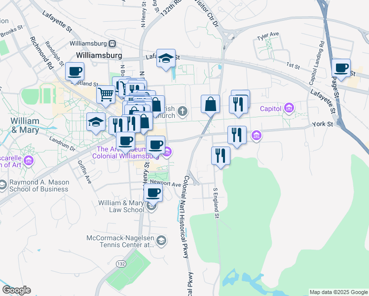 map of restaurants, bars, coffee shops, grocery stores, and more near 202 Francis Street West in Williamsburg