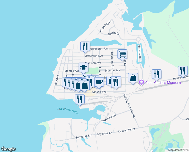 map of restaurants, bars, coffee shops, grocery stores, and more near 423 Tazewell Avenue in Cape Charles