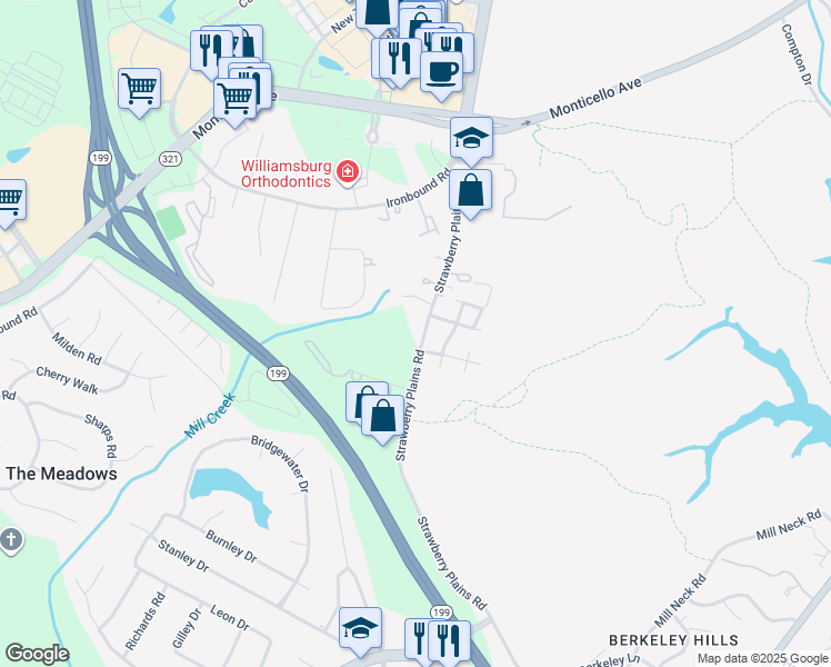 map of restaurants, bars, coffee shops, grocery stores, and more near 101 Bailey Drive in Williamsburg