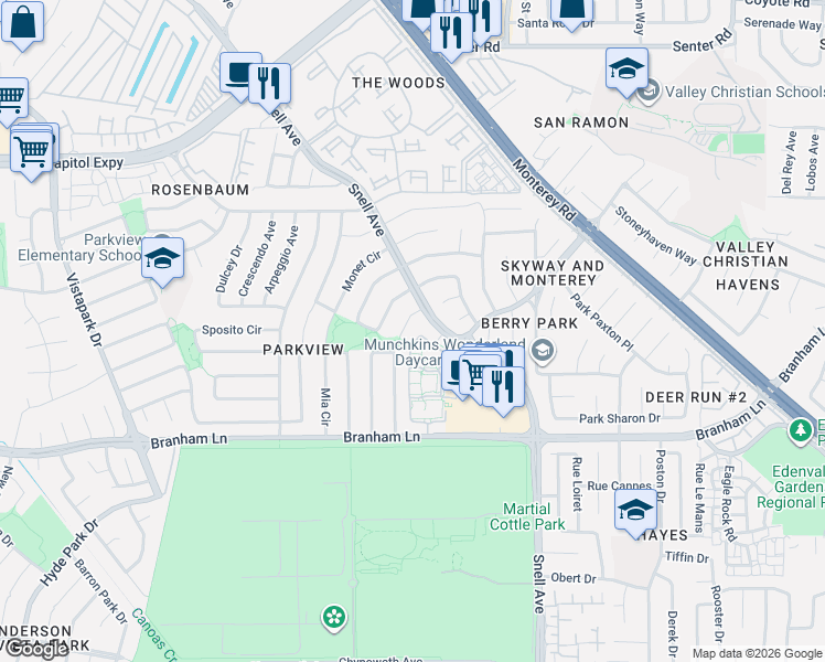 map of restaurants, bars, coffee shops, grocery stores, and more near 4442 Adragna Court in San Jose