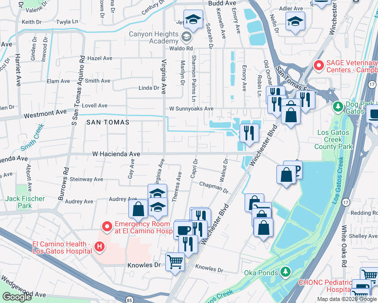 map of restaurants, bars, coffee shops, grocery stores, and more near 700 West Hacienda Avenue in Campbell