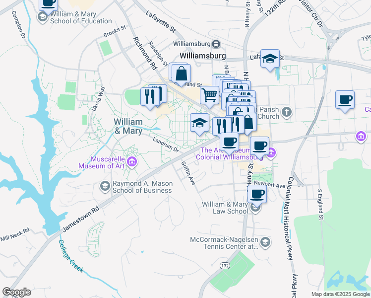 map of restaurants, bars, coffee shops, grocery stores, and more near 313 Virginia 5 in Williamsburg