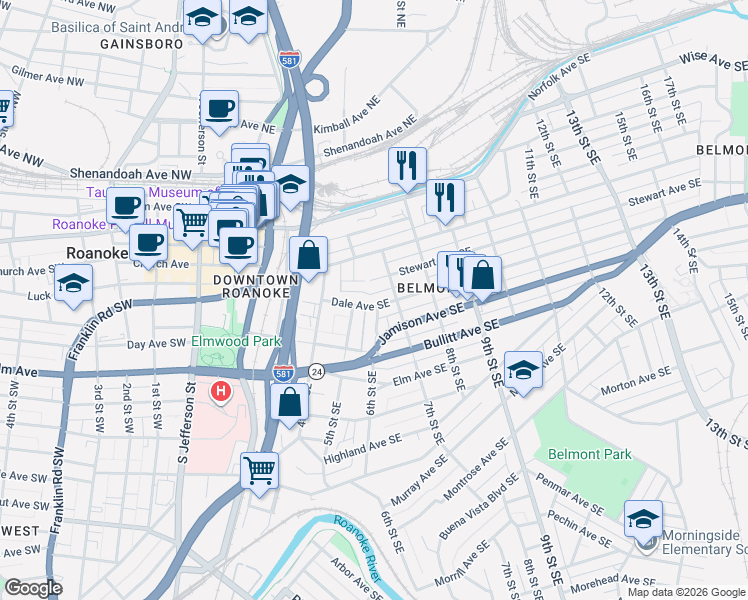 map of restaurants, bars, coffee shops, grocery stores, and more near 501-549 Dale Avenue Southeast in Roanoke