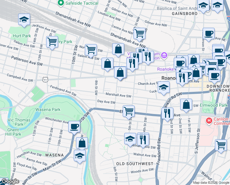 map of restaurants, bars, coffee shops, grocery stores, and more near 606 Marshall Avenue Southwest in Roanoke