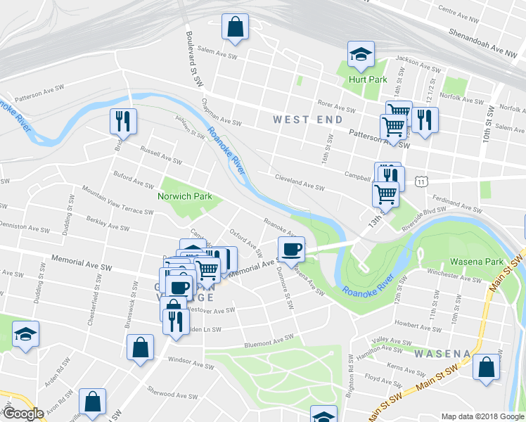 map of restaurants, bars, coffee shops, grocery stores, and more near 1710 Roanoke Avenue Southwest in Roanoke