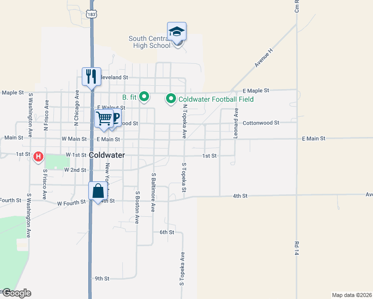 map of restaurants, bars, coffee shops, grocery stores, and more near 700-798 1st Street in Coldwater