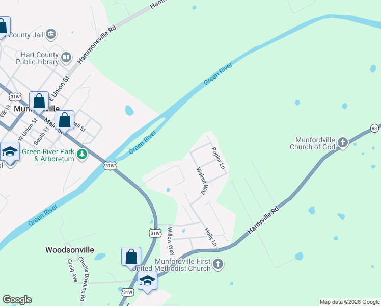 map of restaurants, bars, coffee shops, grocery stores, and more near 1 Hickory Lane in Munfordville