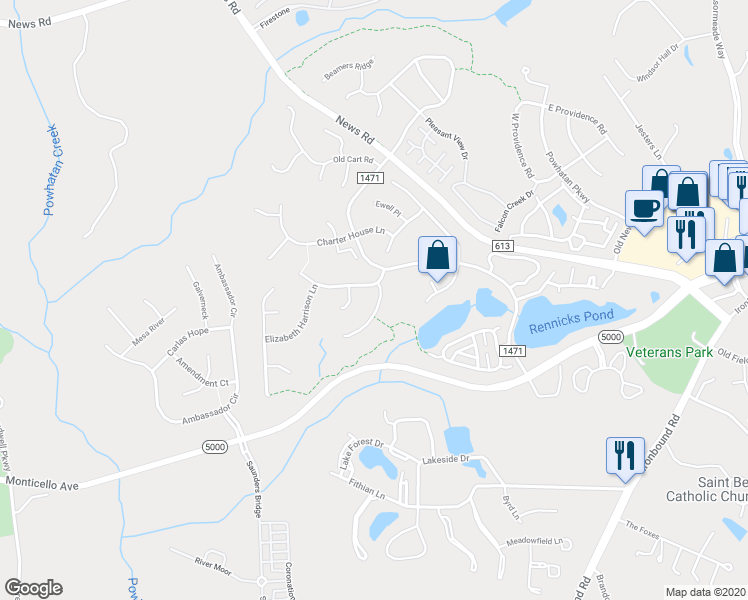 map of restaurants, bars, coffee shops, grocery stores, and more near 116 Hartwell Perry Way in Williamsburg
