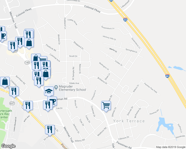 map of restaurants, bars, coffee shops, grocery stores, and more near 102 Rusty Court in Williamsburg