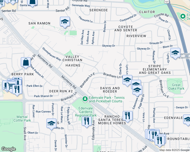 map of restaurants, bars, coffee shops, grocery stores, and more near 119 Goldenrain Drive in San Jose