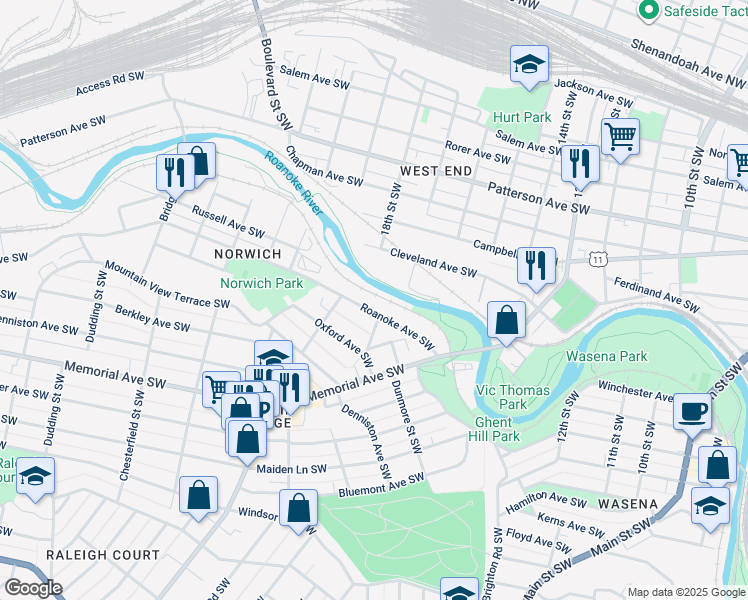 map of restaurants, bars, coffee shops, grocery stores, and more near 1713 Roanoke Avenue Southwest in Roanoke